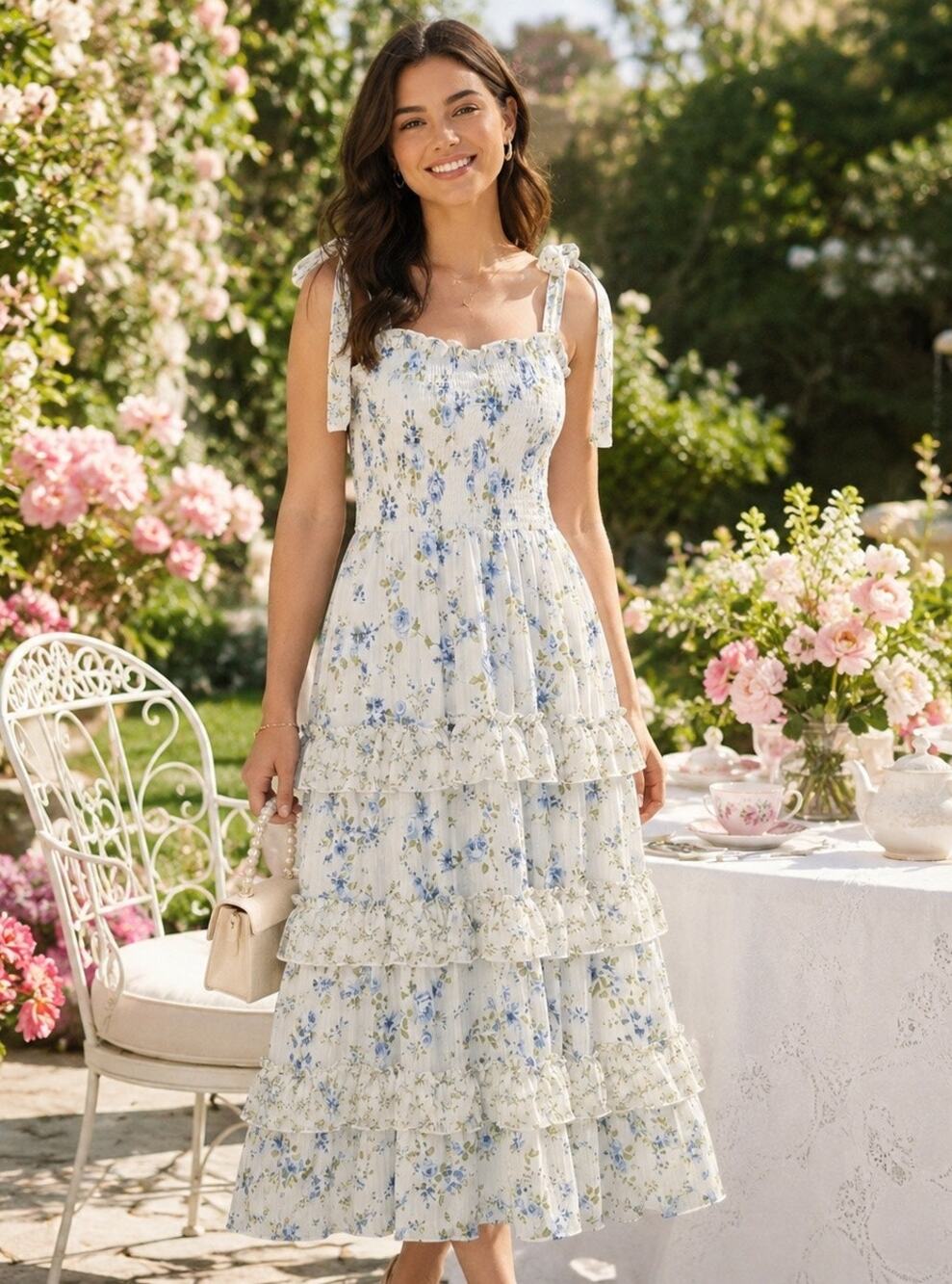 Altar'd State Blue Floral Metallic Tiered Midi Dress Cottagecore XL NWOT Shimmer